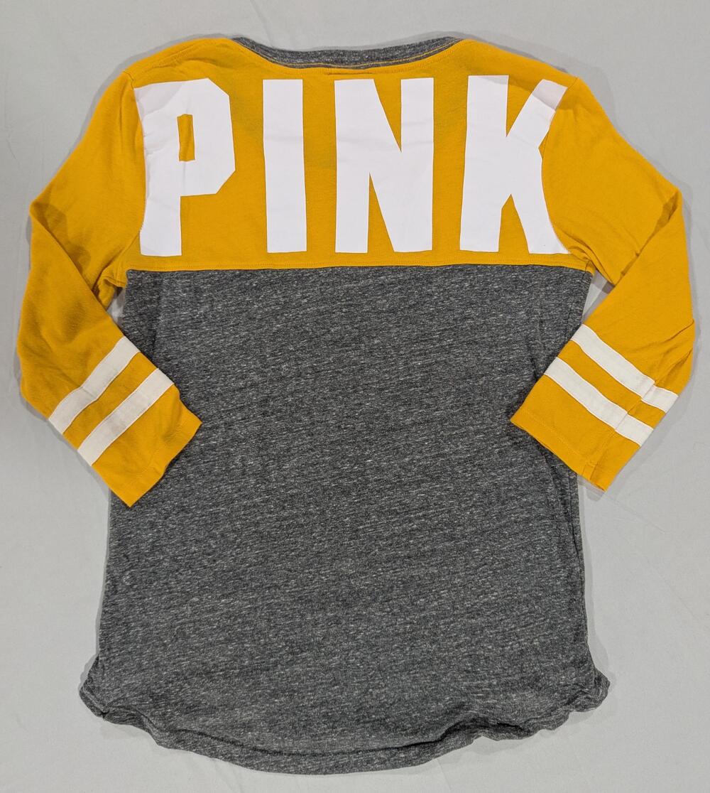 PINK Victoria's Secret Shirt Womens XS Gray Yellow Colorblock 3/4 Sleeve Dog